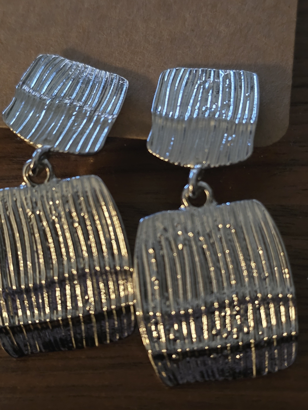 Silver Textured Double-Square Drop Earrings